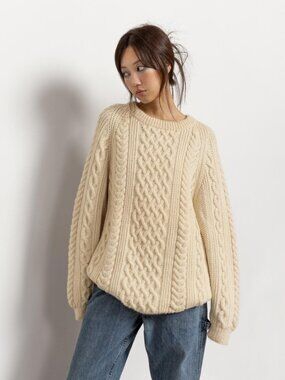 IRISH WOOL SWEATER Vintage Pullover Jumper Cream Aran Fisherman Oversize / Large